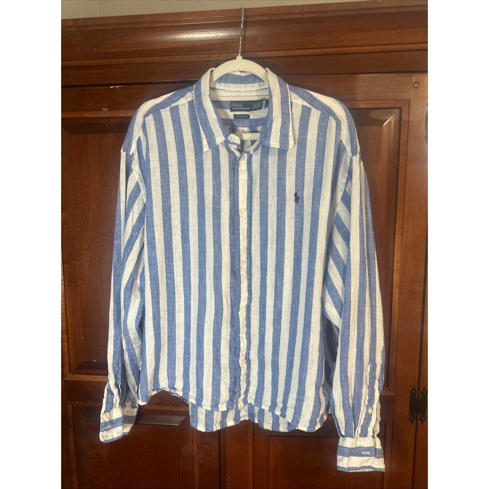 Polo Ralph Lauren Blue White Striped Linen Shirt Crop Boxy Fit XL - Picture 7 of 14
